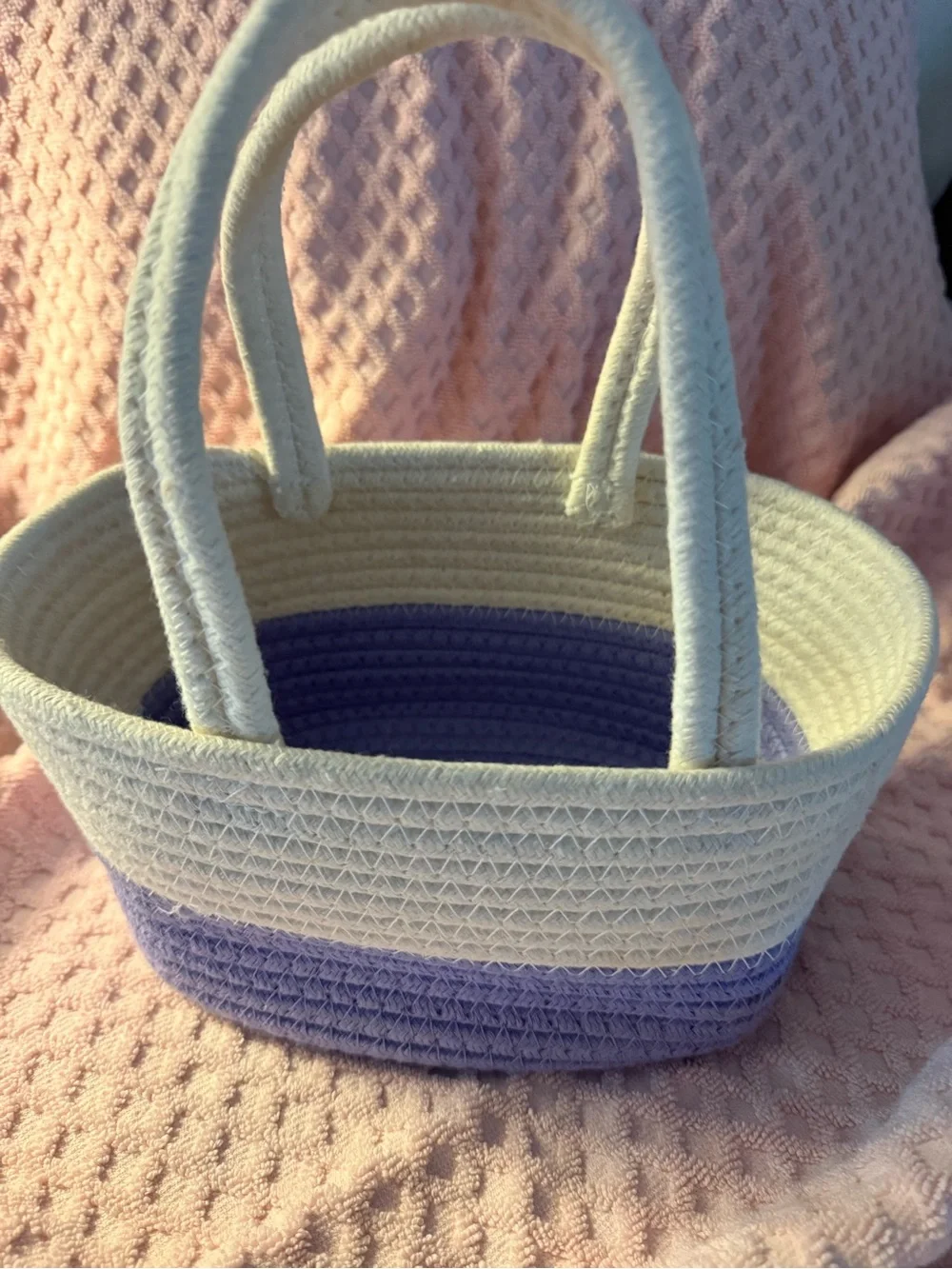 Source Unknown Cream and Lavender Rope Tote Basket